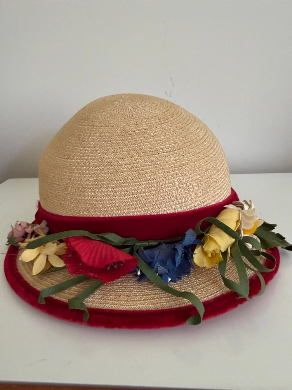 Vintage Girl’s Natural Straw Cloche Hat with Red Velvet Trim and Floral Detail